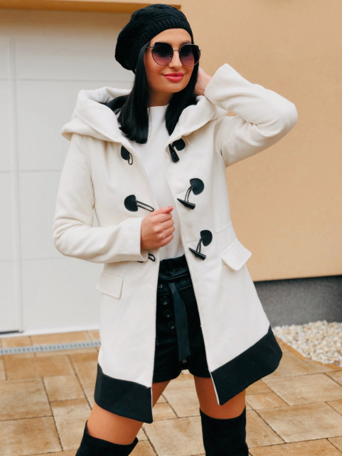 Dámsky bielo-čierny zimný kabát s kapucňou