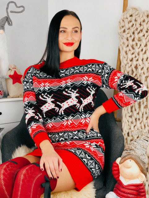 Vianočné svetrové šaty so sobmi čierno-červené 