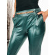 Dámske zelené zateplené koženkové nohavice s odnímateľnou reťazou