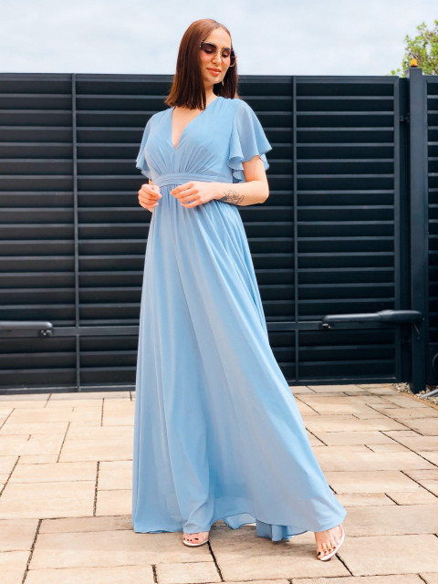 Dámske dlhé spoločenské šaty s véčkovým výstrihom pre moletky - modré