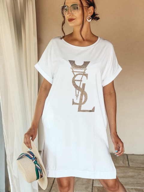 Dámske tričkové šaty s razporkom YSL - biele