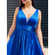 Dlhé modré saténové spoločenské šaty 