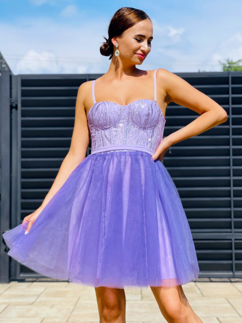 Dámske krátke áčkové šaty s tylovou sukňou - fialové