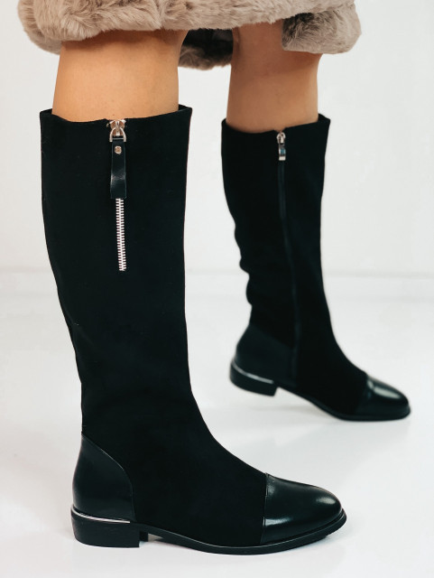 Dámske semišové čižmy pod kolená ALEA - čierne so striebornými zipsami