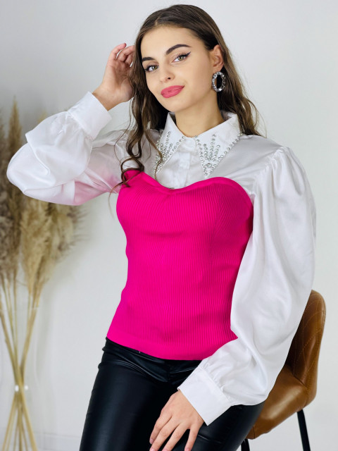 Dámsky svetrík - košeľa s balónovými rukávmi a kamienkami - ružový