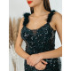 Flitrované dámske spoločenské šaty s pierkami na ramienkach - čierne