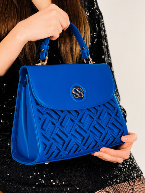 Dámska modrá exkluzívna kabelka s vyšívanými detailami a zlatým logom SS