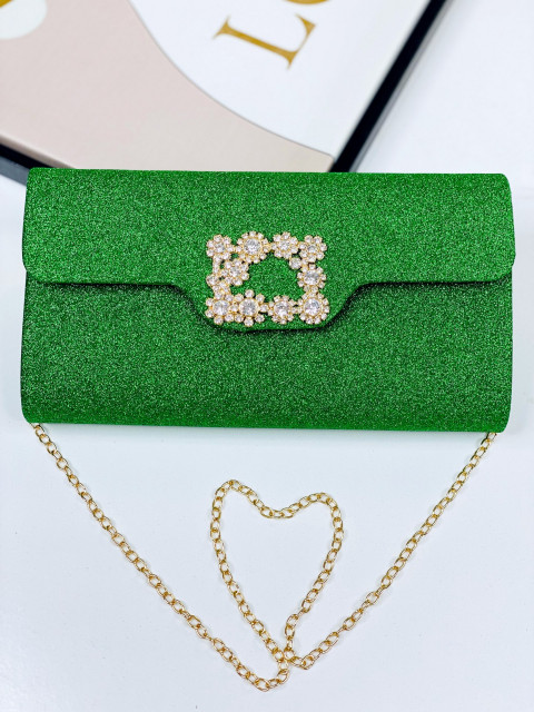 Dámska trblietavá spoločenská kabelka s brošňou - zelená