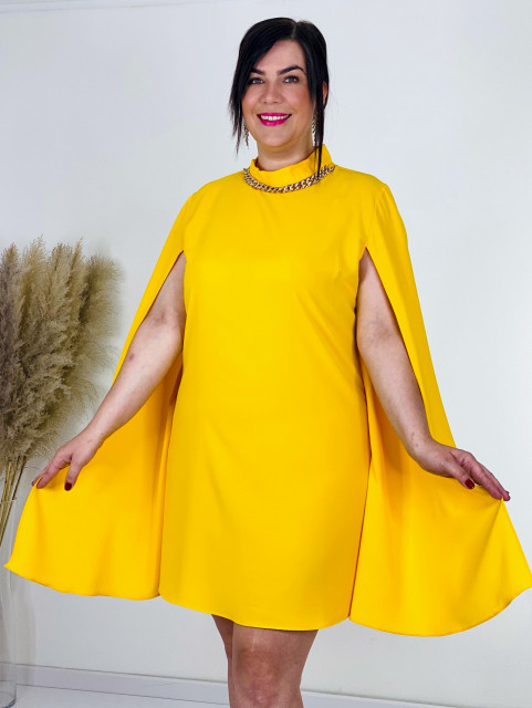 Dámske krátke spoločenské oversize šaty s reťazou - žlté