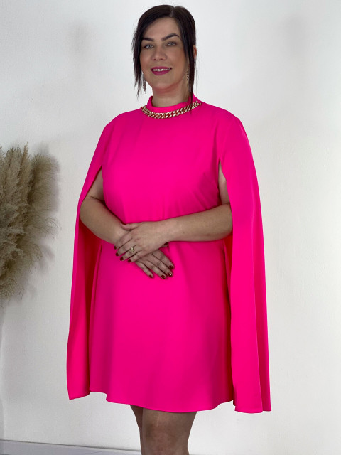 Dámske krátke spoločenské oversize šaty s reťazou - neónovo ružové