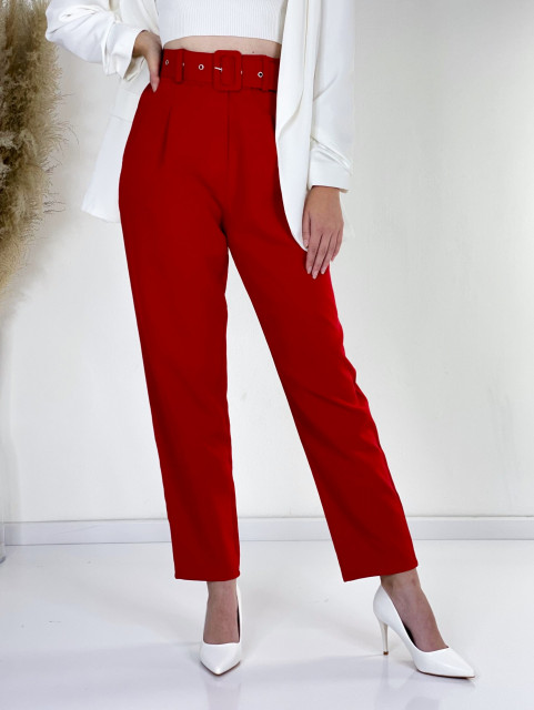 Dámske červené elegantné nohavice s vysokým pásom a opaskom LIA