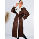 Dámsky dlhý koženkový zateplený zimný kabát s opaskom - hnedý