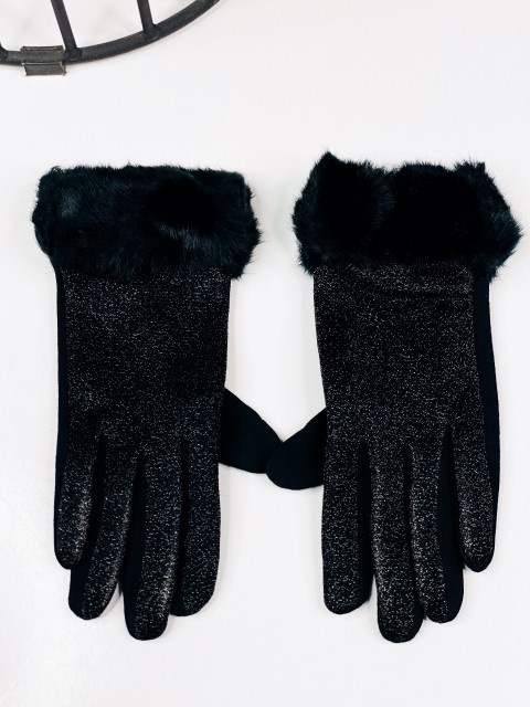 Dámske trblietavé rukavice s kožušinou - čierne