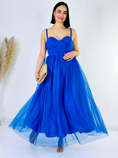 Dámske modré spoločenské šaty s týlovou sukňou