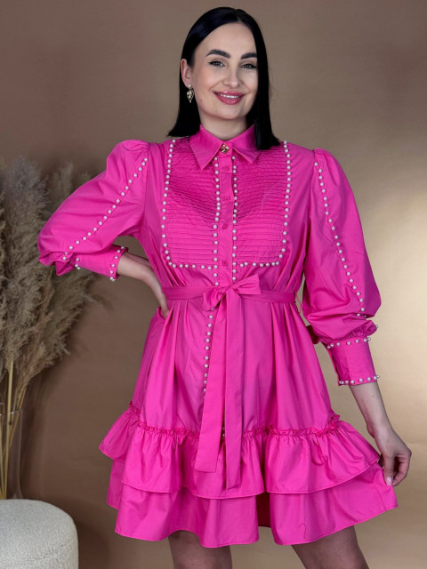 Dámske elegantné šaty s perličkami a opaskom - ružové