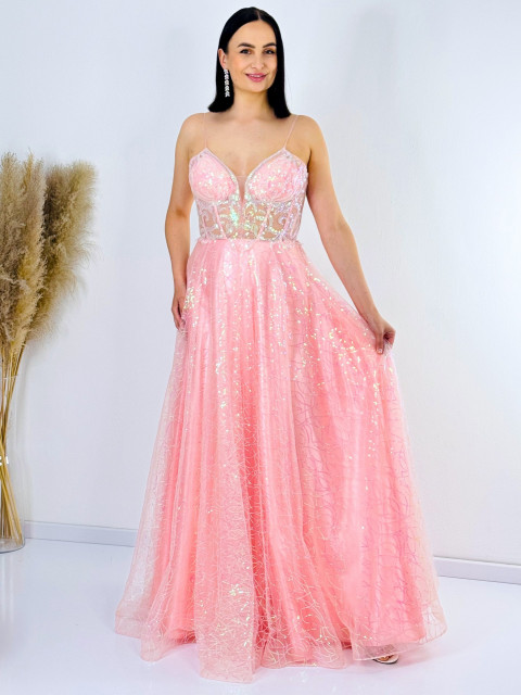 Dámske dlhé luxusné ružové spoločenské šaty s flitrami