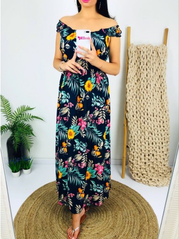 Maxi modré kvetované šaty na ramena