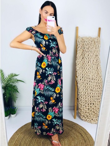 Maxi modré kvetované šaty na ramena