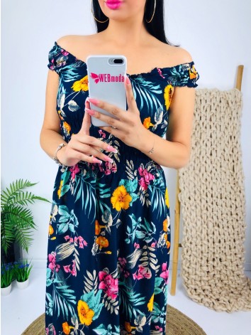 Maxi modré kvetované šaty na ramena