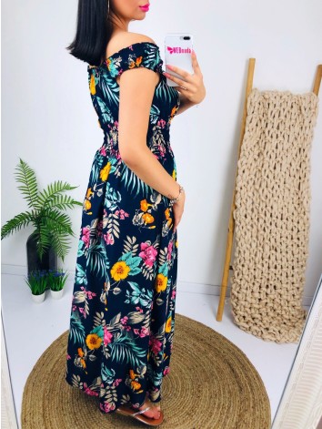 Maxi modré kvetované šaty na ramena