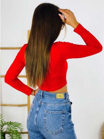 Dámsky červený crop top s dlhým rukávom