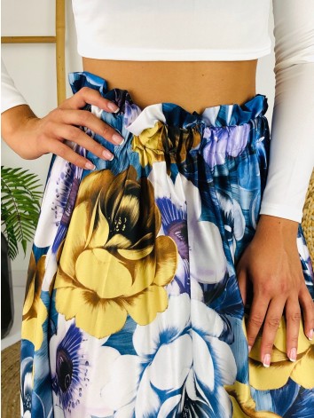 Saténová modrá kvetovaná dlhá sukňa