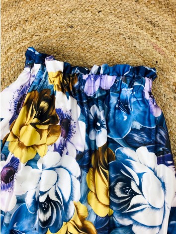 Saténová modrá kvetovaná dlhá sukňa