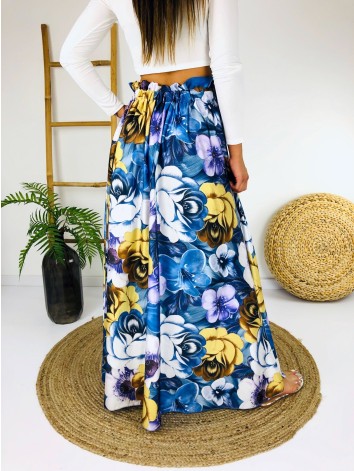 Saténová modrá kvetovaná dlhá sukňa