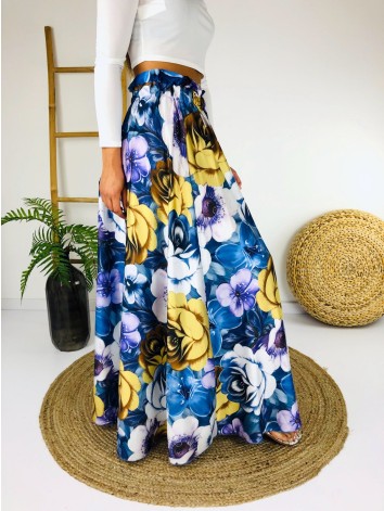 Saténová modrá kvetovaná dlhá sukňa