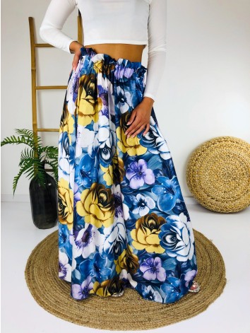 Saténová modrá kvetovaná dlhá sukňa