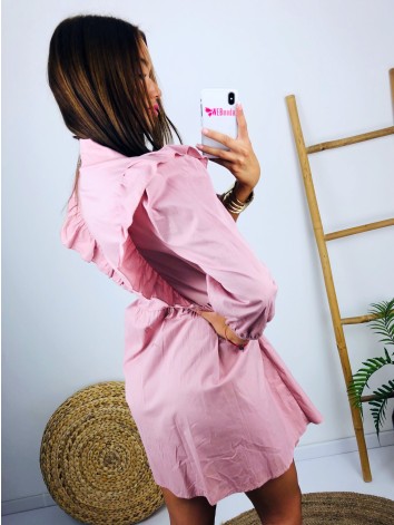 Ružové košeľové šaty s volánikmi