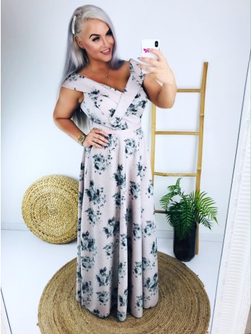 Kvetované púdrové spoločenské šaty s opaskom