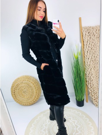 Dámska čierna predĺžená kožušinová vesta