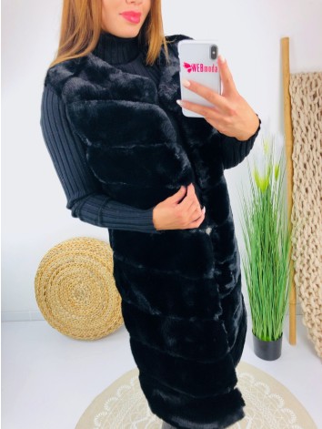 Dámska čierna predĺžená kožušinová vesta