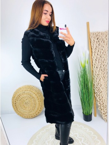 Dámska čierna predĺžená kožušinová vesta