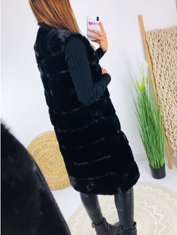 Dámska čierna predĺžená kožušinová vesta
