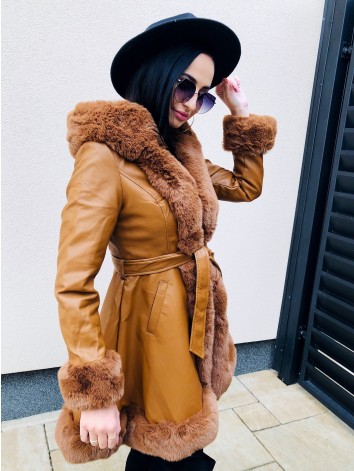Dámska camel koženková bunda s kožušinou