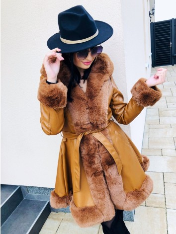 Dámska camel koženková bunda s kožušinou