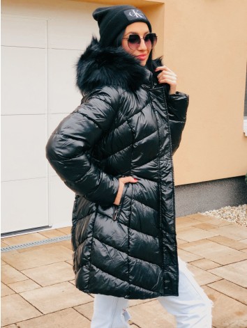 Dámska lesklá čierna vetrovka s kožušinou