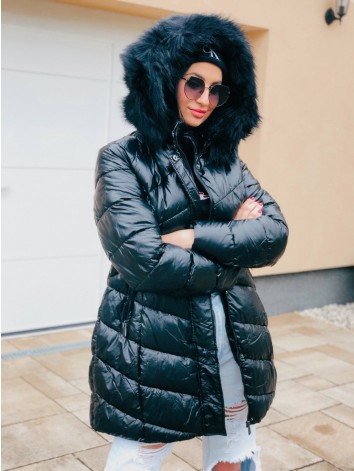 Dámska lesklá čierna vetrovka s kožušinou