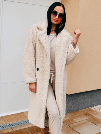 Béžový dlhý Teddy kabát