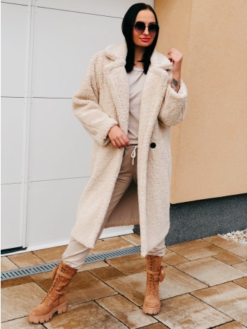 Béžový dlhý Teddy kabát