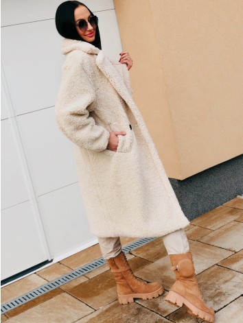 Béžový dlhý Teddy kabát