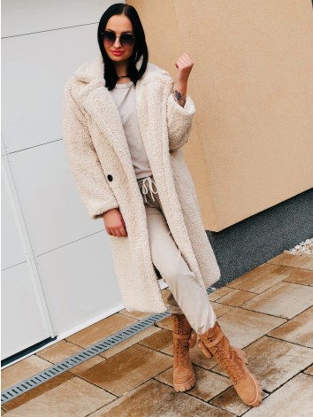 Béžový dlhý Teddy kabát