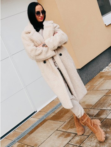 Béžový dlhý Teddy kabát