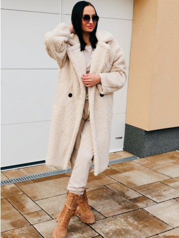 Béžový dlhý Teddy kabát
