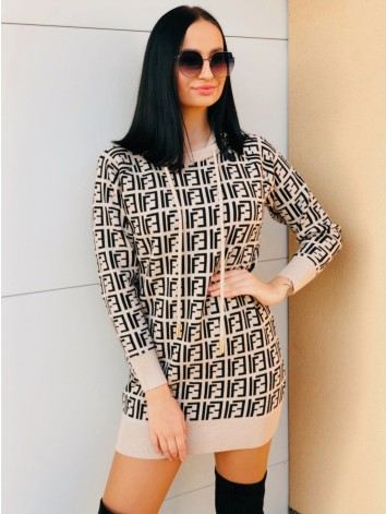 Béžové svetrové šaty s kapucňou Fendia