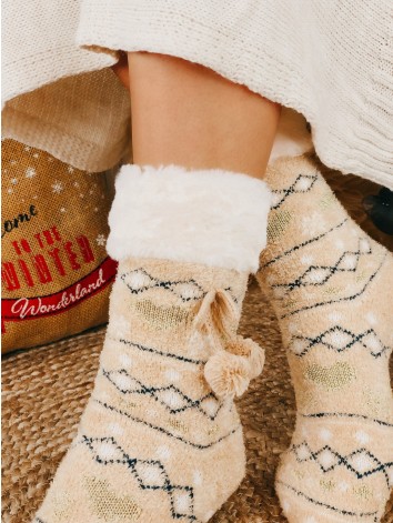 Béžové vianočné ponožky s brmbolcami