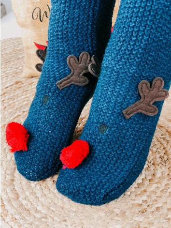 Modré zateplené vianočné ponožky so sobom