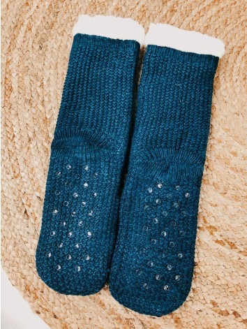 Modré zateplené vianočné ponožky so sobom